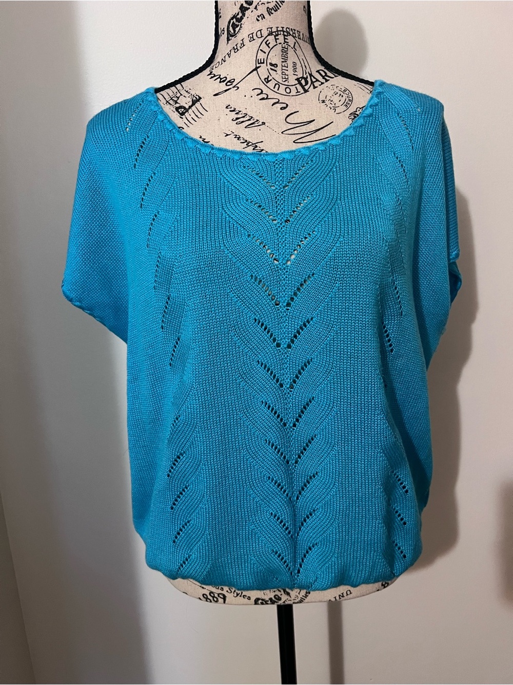 Vintage Jennifer Adams Turquoise Pointelle Knit Short Sleeve Sweater Top M/L